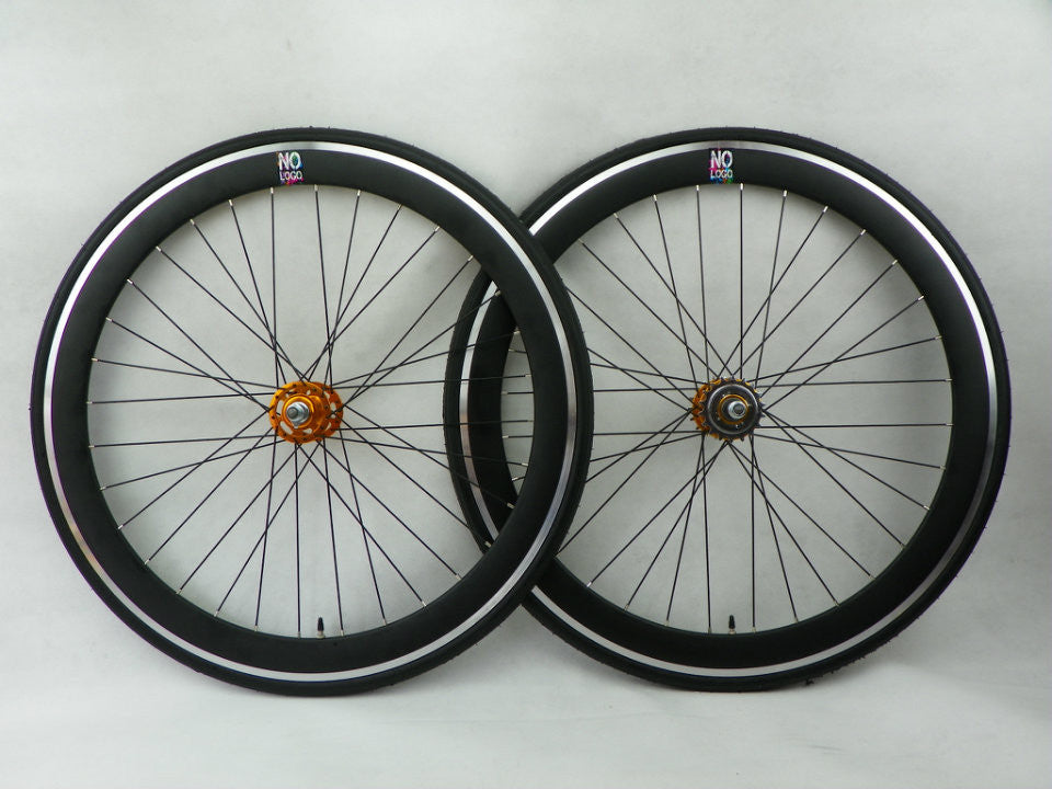 No Logo 50mm 700c ALL Black/Gold Hubs Track/Fixie Deep V Wheelset Tyres & Tubes
