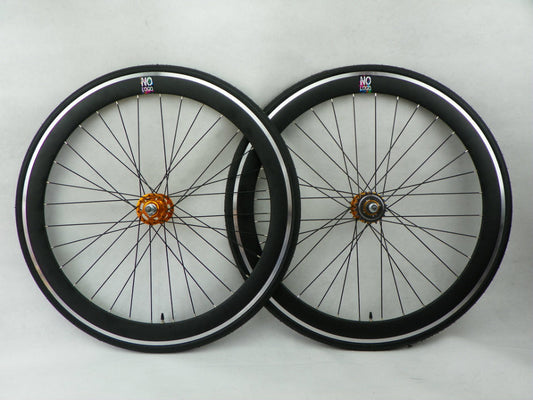 No Logo 50mm 700c ALL Black/Gold Hubs Track/Fixie Deep V Wheelset Tyres & Tubes